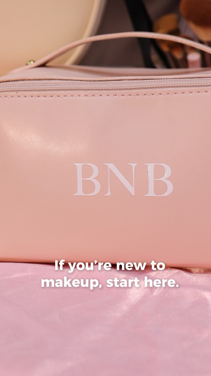 Pink BNB makeup bag with If you're new to makeup start here text overlay