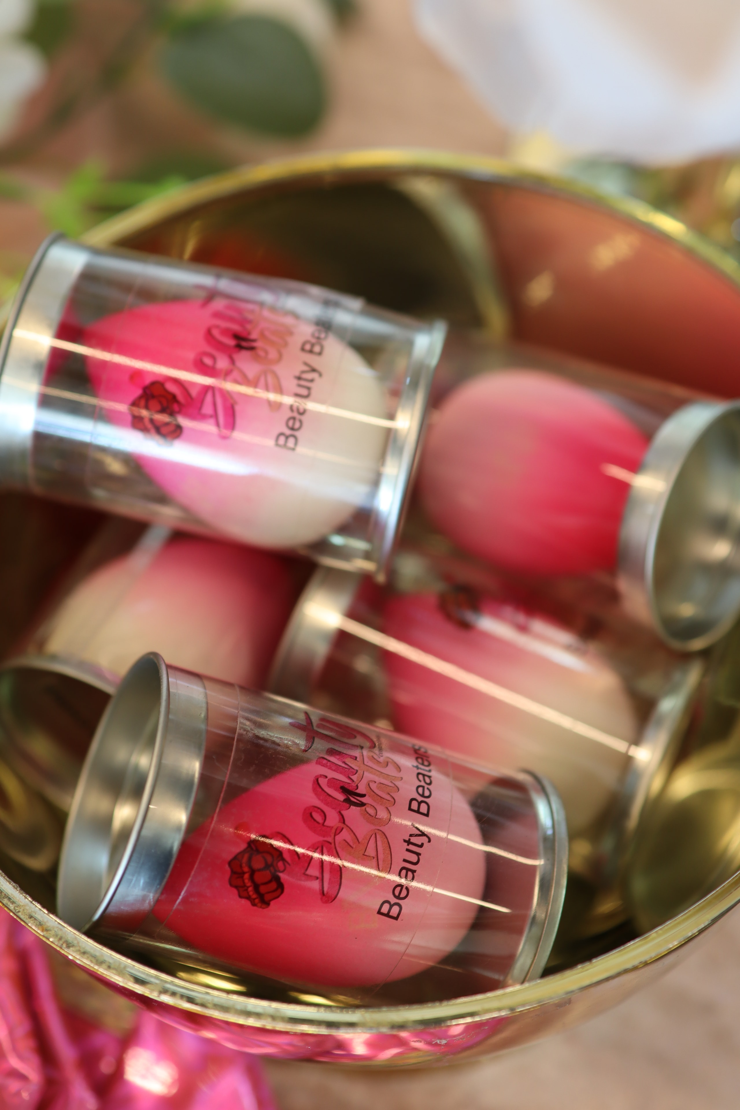 Beauty Beaters makeup sponges in gold bowl